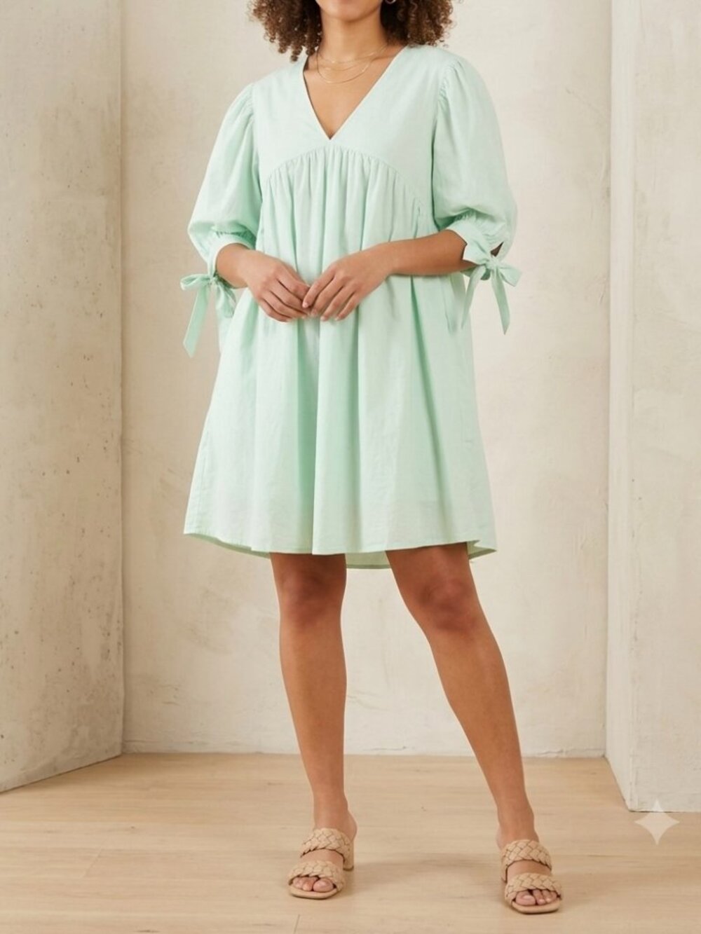 S'dege Mint Green V-Neck Babydoll Dress Size M Cotton Puff Sleeve Tie Y2K Retro